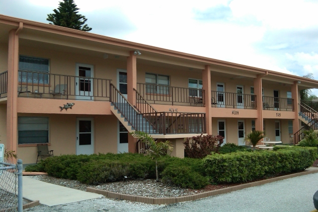 Angled view of St. Petersburg beach painted condo